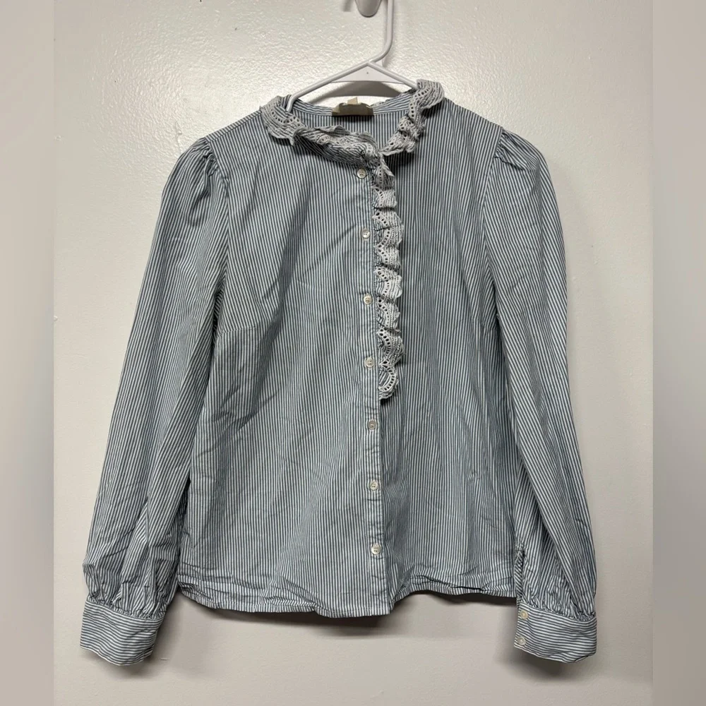 Sezane Striped Blue White Cotton Lace Chloe Blouse Size M/40 - Picture 1 of 6